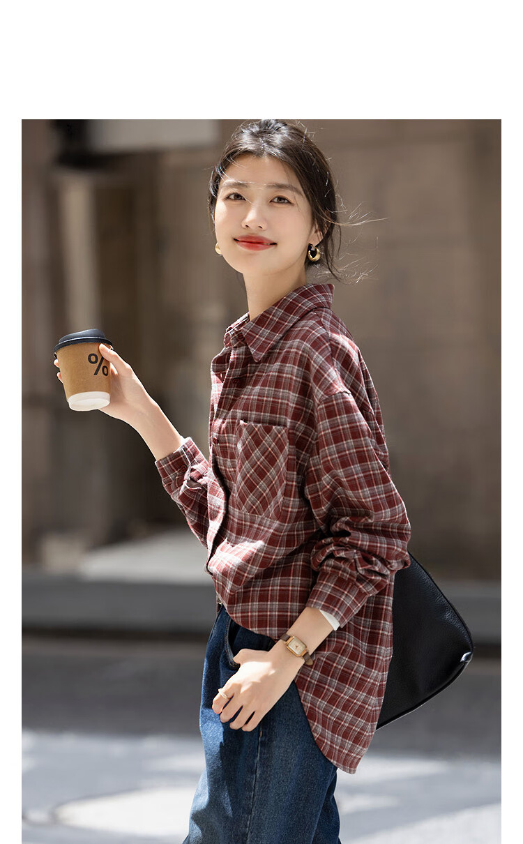Demana [Geometric Aesthetics] Winter Intelligent Commuter Plaid Lapel Shirt with Patch Pocket Loose Long Sleeve Blouse for Women 1