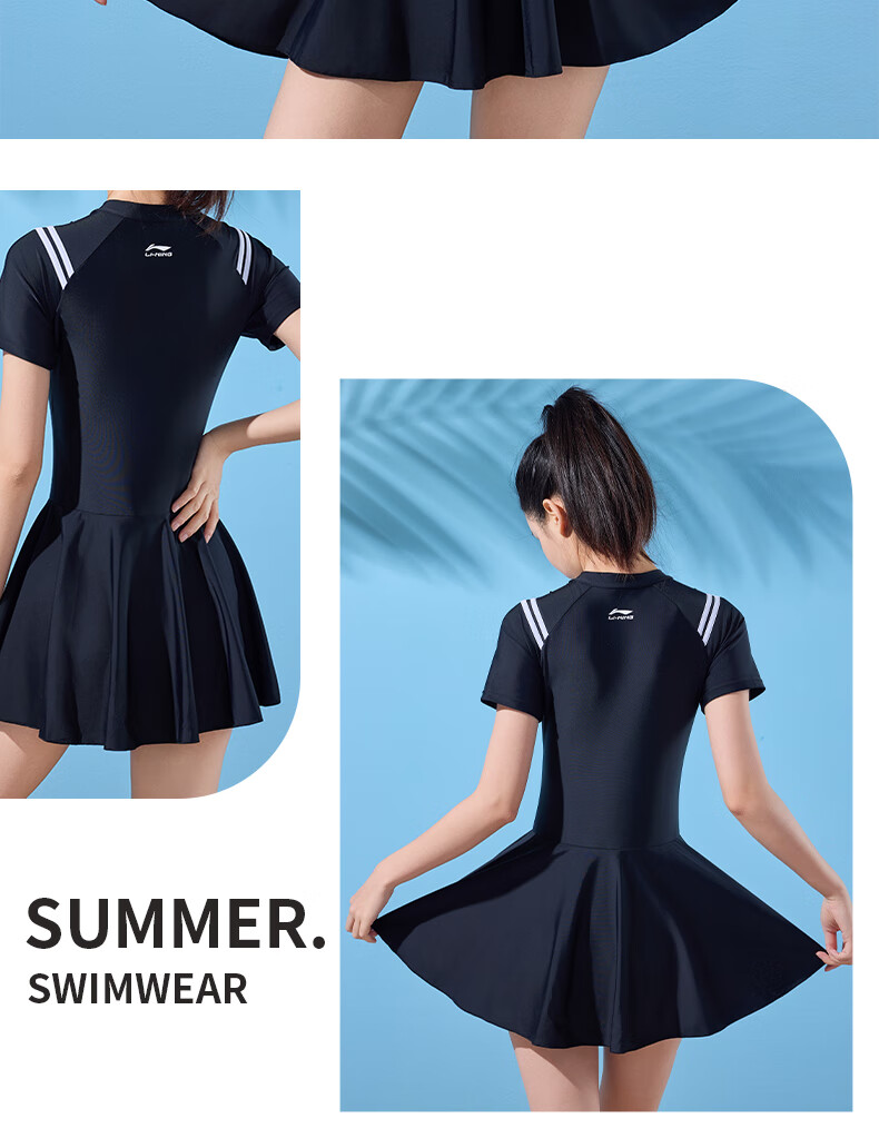 Li-Ning One-Piece Swimsuit for Women, Dress Style, Body-Shaping, Waist-Cinching, Fashionable, Casual, High-Elasticity, Breathable, Hot Spring Resort Swimwear, 507 Black And White, XL 16
