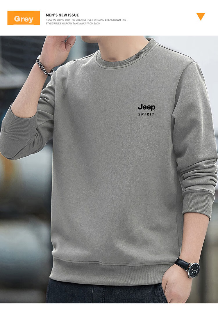 JEEP SPIRIT Men's Sweatshirt, Spring Top, Printed Undershirt, Loose Long-Sleeve T-Shirt, Navy Blue, 4XL 16