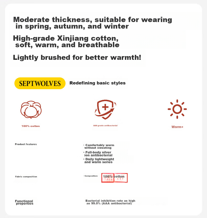 SEPTWOLVES [Antibacterial] Men's Autumn And Winter Thermal Underwear Set, Pure Cotton V-Neck Long Johns And Pants 1
