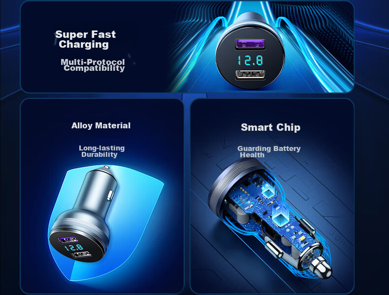 Newmine Car Charger And Cigarette Lighter, Dual USB Ports, Metal Car Charger with Voltage Display And Fast Charging Detection SX001-008 3