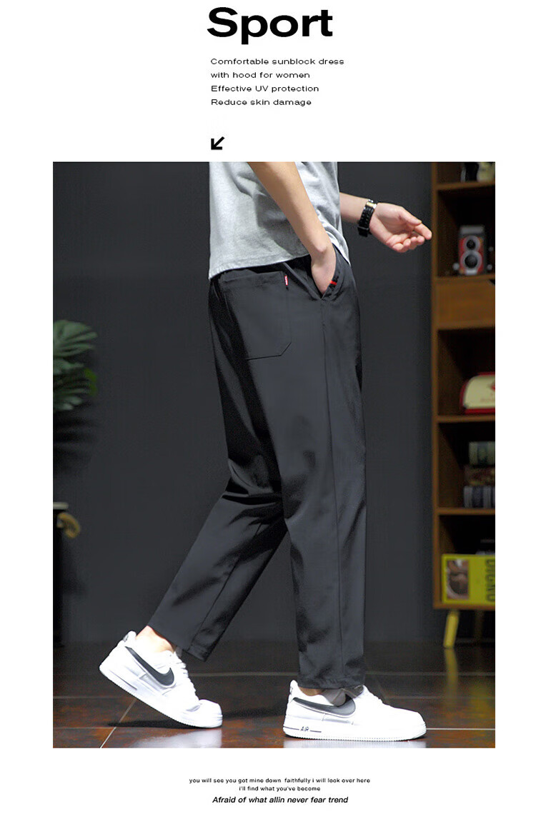 ROMON Men's Casual Pants Spring Summer Sports Breathable Comfortable Ice Silk Straight Leg Elastic Quick-Dry Pants Black M 6