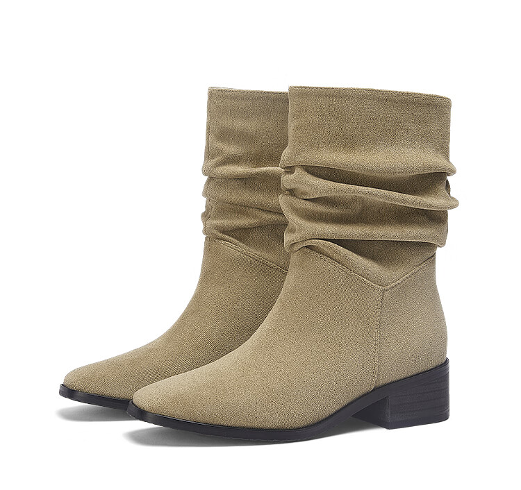 DAPHNE Western Cowgirl Boots for Women, Autumn And Winter Fashion Mid-Calf Chunky Boots, Retro Short Boots for Women, Khaki, Size 36 23