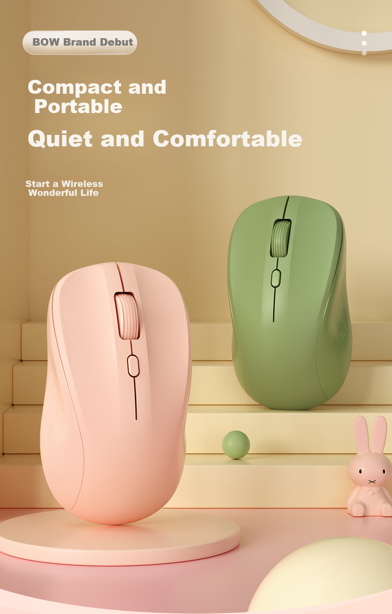 BOW Hangshi M138L Rechargeable Wireless Mouse, Office Mouse, Lightweight Portable Mouse, Compatible with Laptops And Desktop Computers, Silent Mouse, Energetic Pink 1