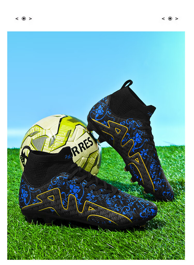 Double Star Bate Men's FG Soccer Shoes High-Top Training Shoes Professional Artificial Grass Adult Match Black Blue Size 44 12