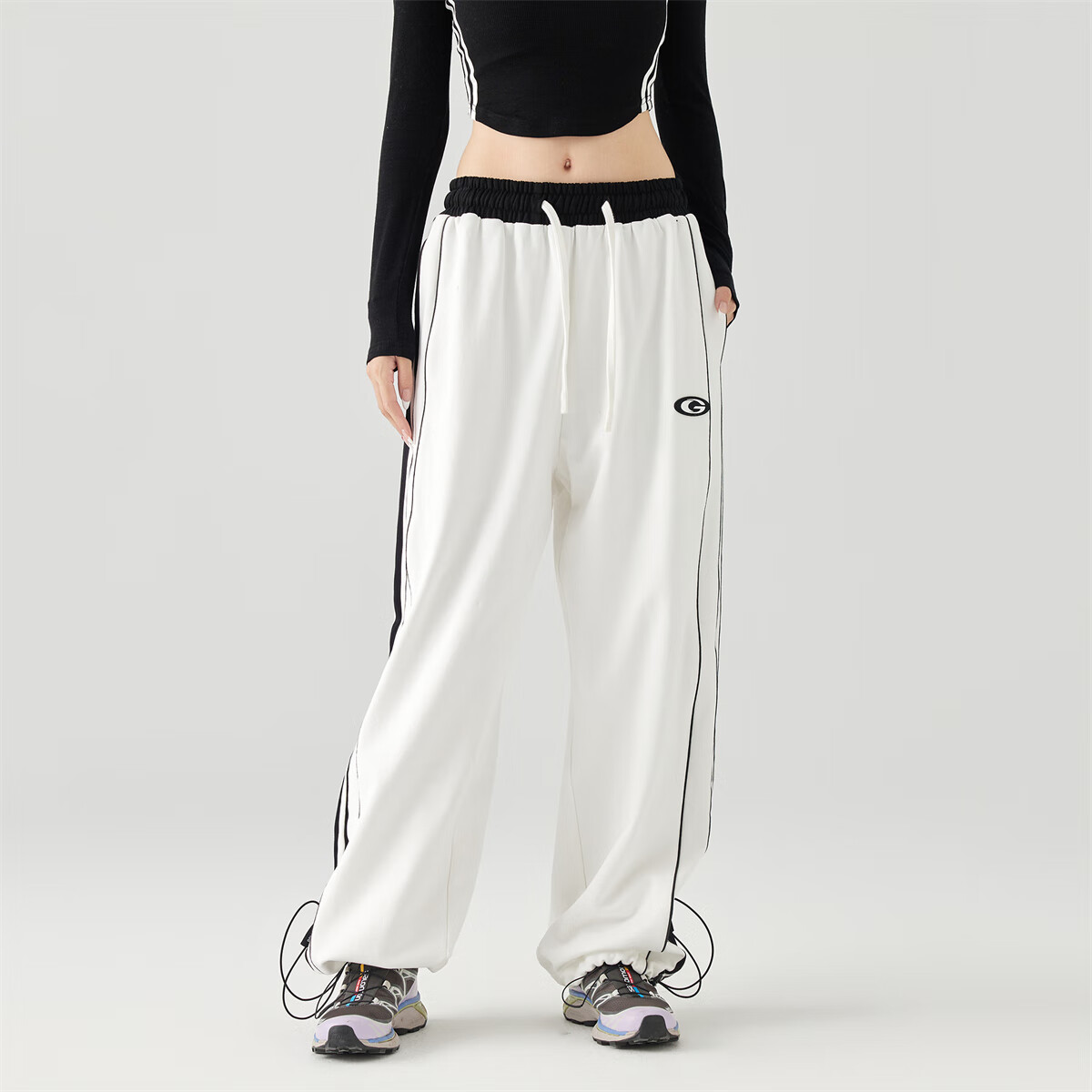 GOLFCROSS Couple's Style Side Contrast Striped Tape Loose Straight-Leg Floor-Length Draping Casual Pants, White, L