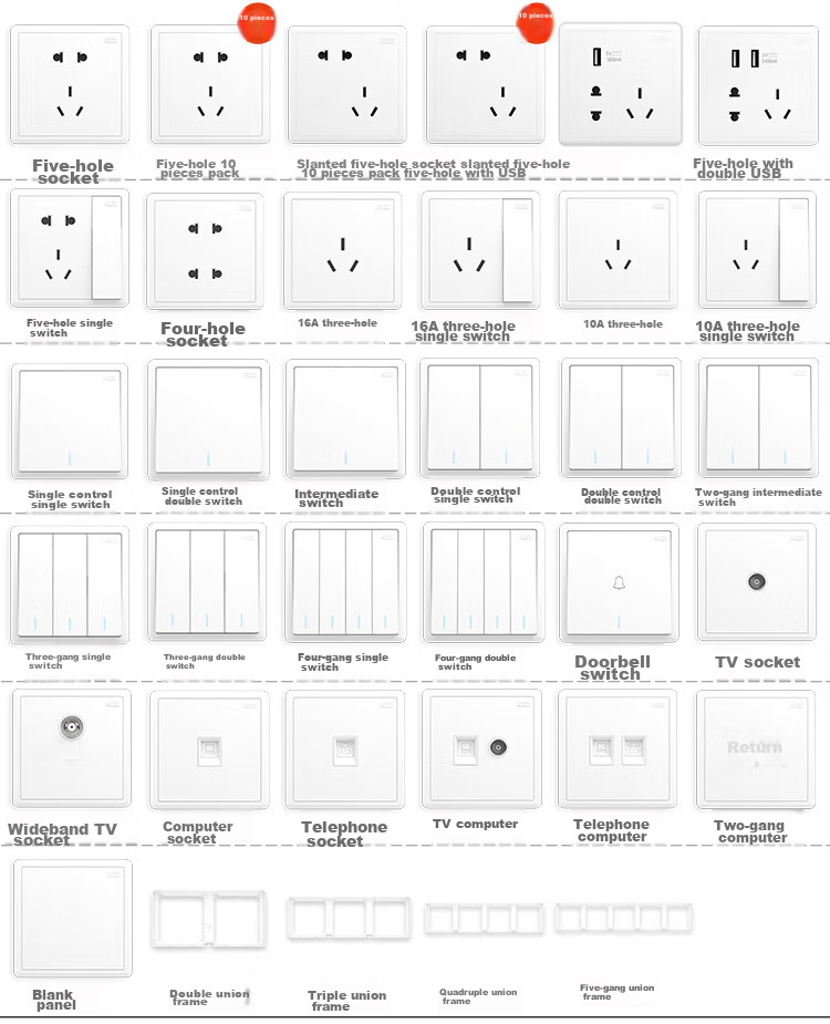 ABB Switch Panel, Yuanchi Series White 86-Type with Fluorescent Four-Gang Double Control Switch, AO108 2