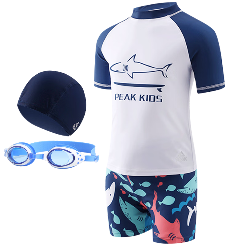 PEAK Children's Swimwear, Boys' Short-Sleeve Two-Piece Swimsuit with Trunks, Hot Spring Swimming Suit Set Including Swim Cap And Goggles, Size 110