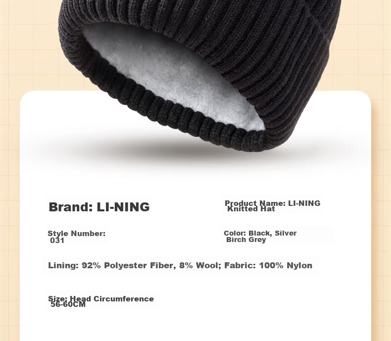 Li-Ning Hat for Men And Women, Autumn And Winter Knitted Cap, Warm Cold Hat, Sports Running Cycling Skiing Fleece-Lined Large Head Circumference Black 48