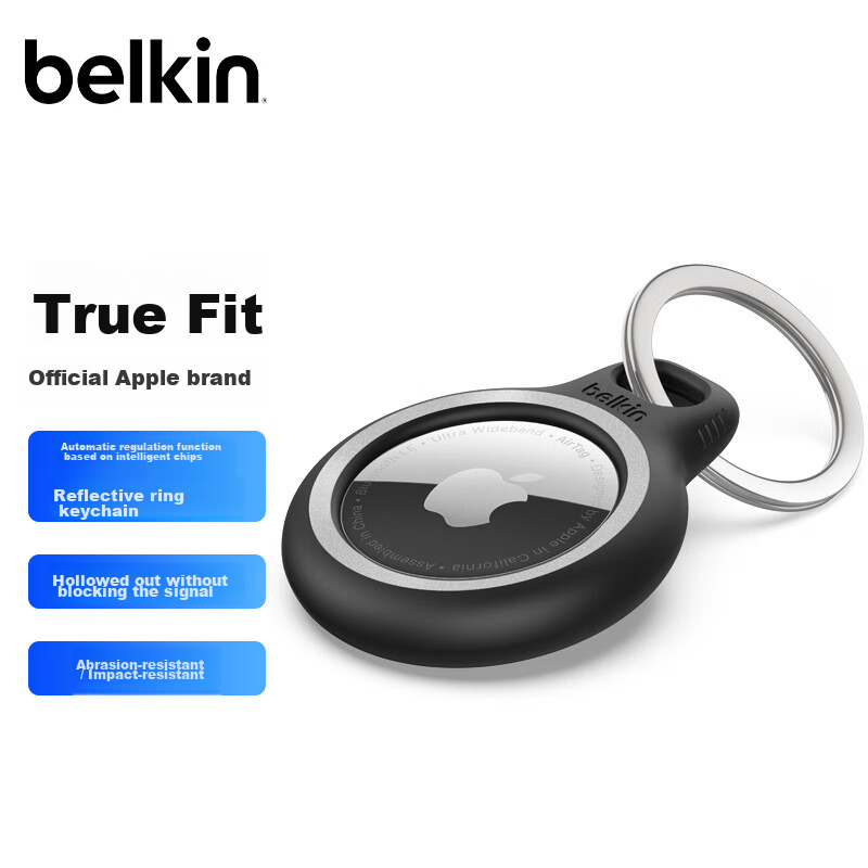 BELKIN AirTag/AirTag2 Keychain, Apple Anti-Loss Device Protector, Tracker Silicone Case with Reflective Outline Ring, MSC003 Black