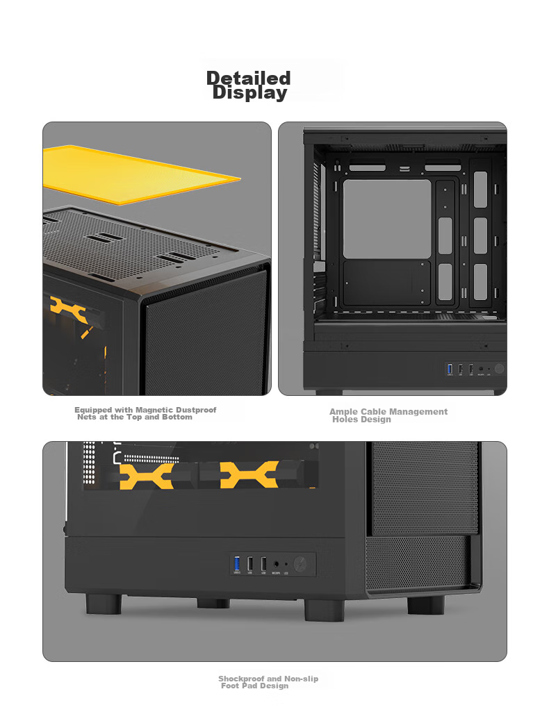 Golden Field Jianyu Jixi Black Wide Desktop Computer Case, Front Panel without Fan Leakage, Fully Compatible with 240mm Water Cooling, M-ATX Motherboard, 180mm CPU Cooler Height Limit 9