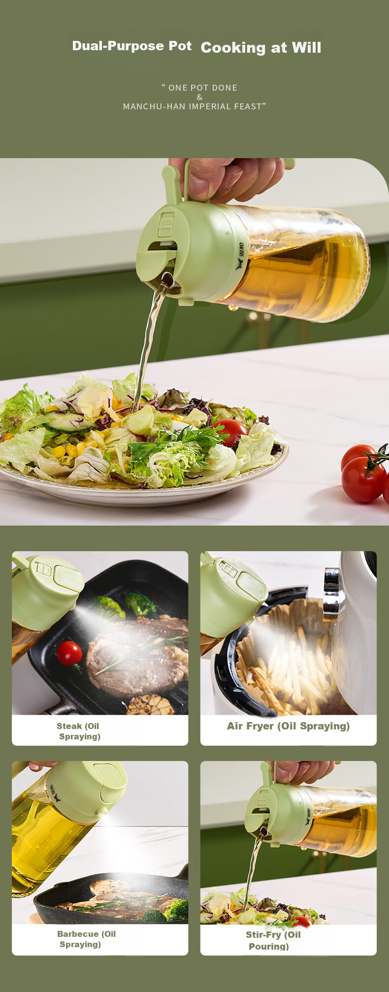 Suncha Oil Dispenser, Oil Pouring And Spraying All-In Glass Oil Bottle for Cooking Oil, Kitchen Use, Non-Drip, Olive Gree 3