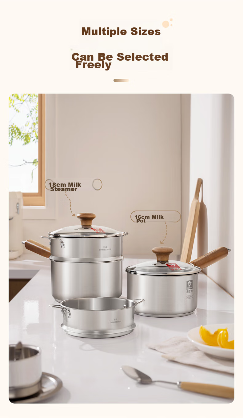 KOBACH 316L Stainless Steel Baby Food Milk Pot with Steamer Basket, Infant Cooking and Frying Multi-Function Small Milk Pot, 16cm Noodle Pot 14