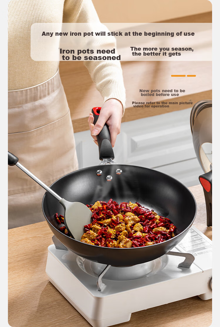COOKER KING Cast Iron Wok, Flat Bottom Frying Pan, 32cm, Nitrided Anti-Rust, Suitable for All Stoves, Jianjing DJ32ZT-S 7