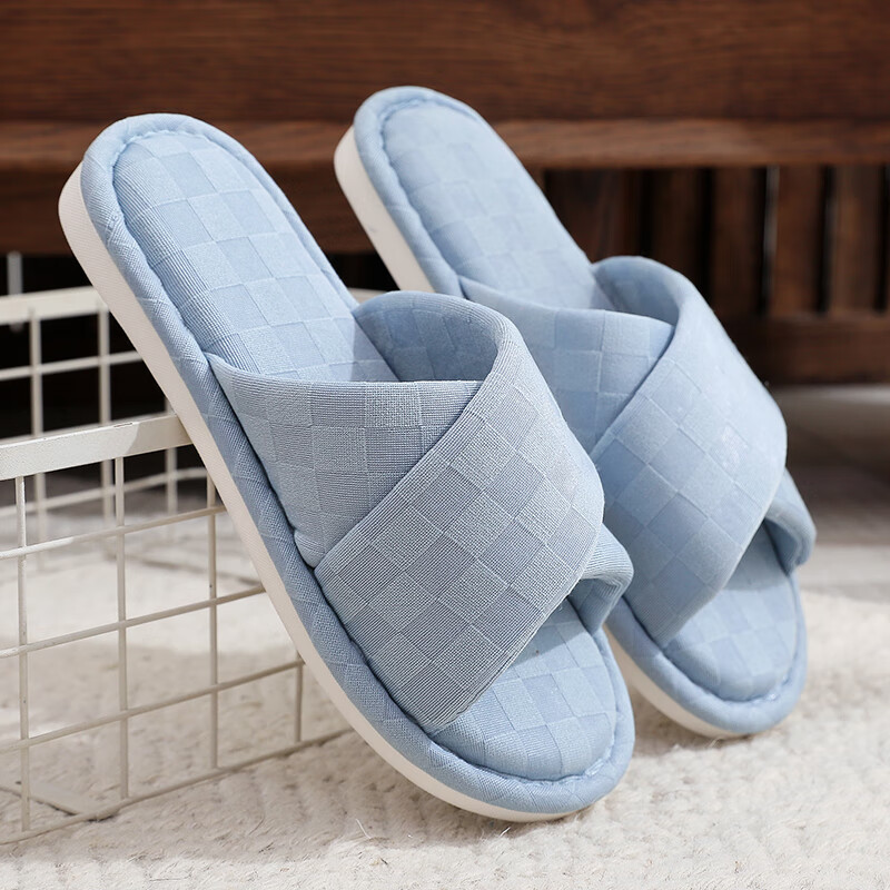 GUOLUOFEI Japanese-Style Wooden Floor Opening Cotton Slippers for Men And Women, Soft-Soled Indoor Silent All-Season Slippers, Blue, Size 38/39