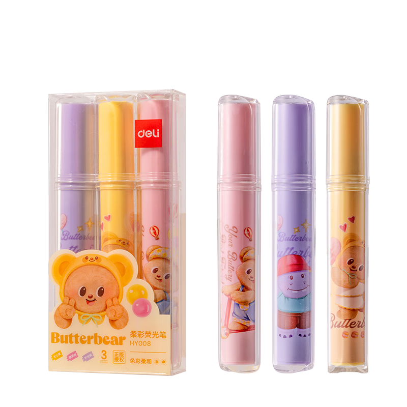 Deli Butter Bear IP Highlighters, Soft Pastel Exam Review Marking Pens for Students, Marker Pens for Note-Taking, Journaling And Drawing, Graffiti, 3 Pieces HY008
