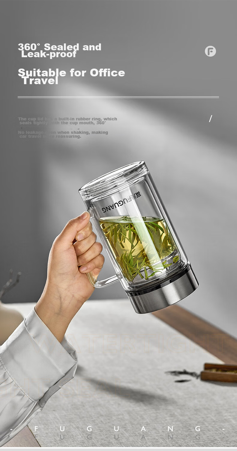 Fuguang Large Capacity High Borosilicate Double-Layer Glass Cup with Tea Strainer, Thickened Water Mug with Handle, Tea Infuser Cup, Office Mug 8