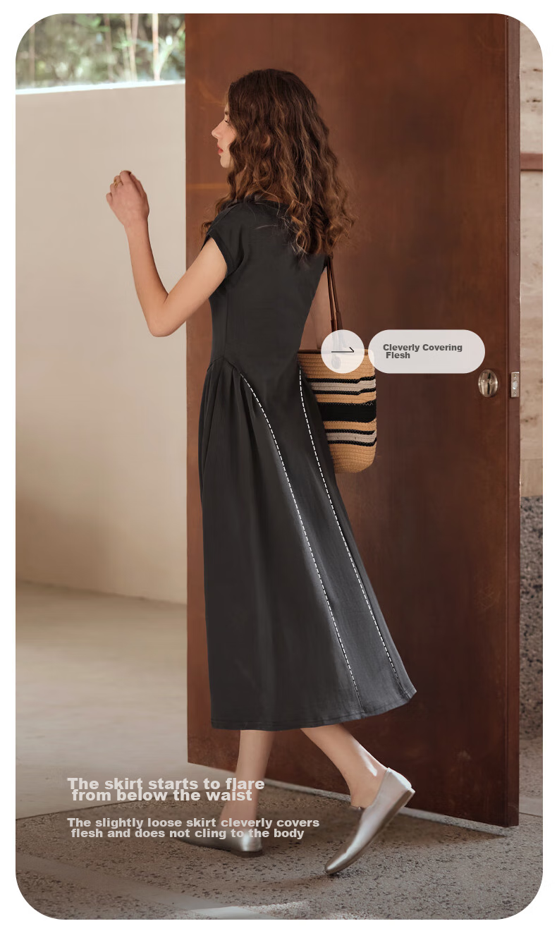 Olrain French-Style Elegant V-Neck Dark Gray Dress for Women, Summer Waist-Cinching A-Line Hem Audrey Hepburn Style, Dark Gray, Size L 8