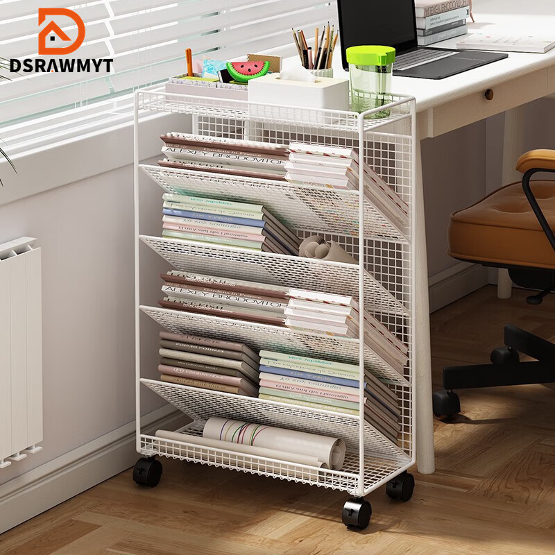 DSRAWMYT Bookshelf, Floor-Standing Storage Rack, Movable Wheeled Bookshelf for Desk Side, Simple Bookcase for Classroom Desk