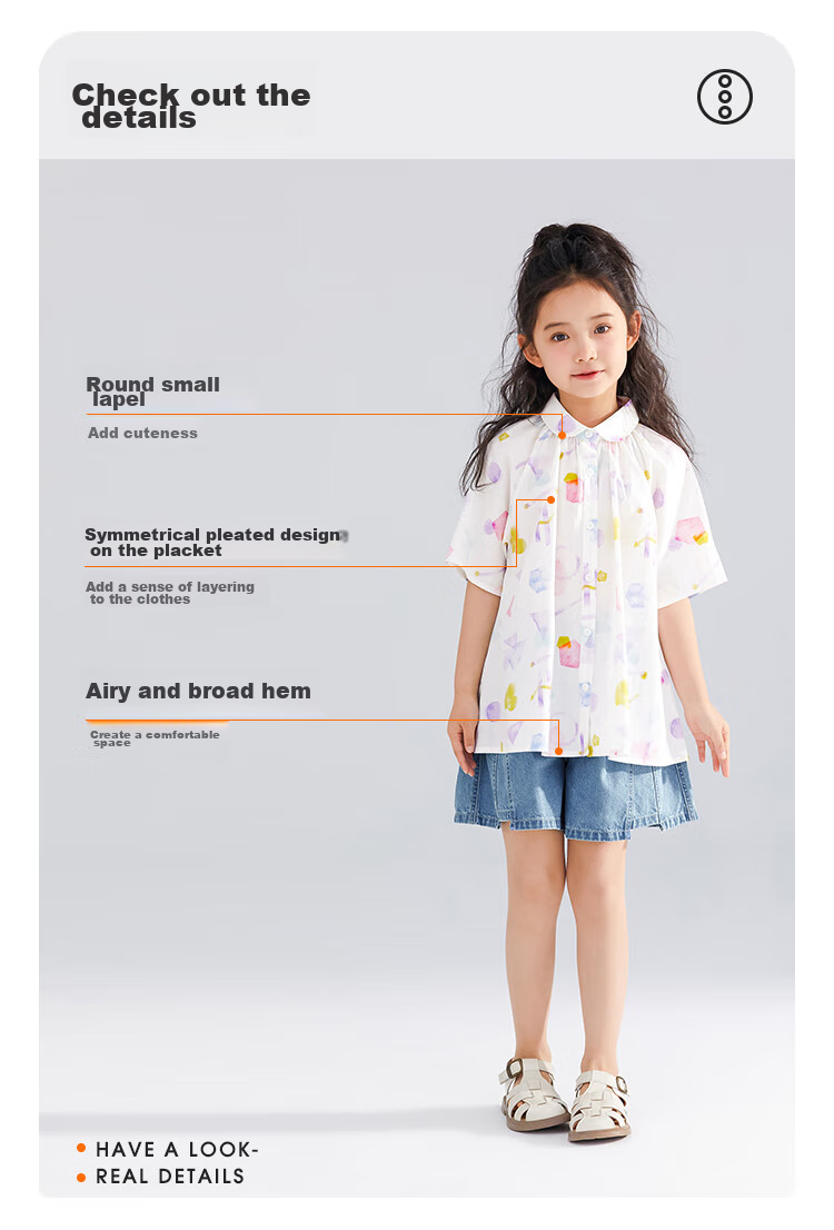 QQ DUCK Girls' Shirt Summer Children's Cute Lapel Short-Sleeve Youth Clothing Graffiti White; 140 7