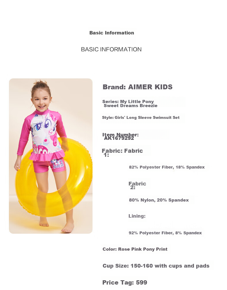 Aimer Kids Girls' Long-Sleeve Swimsuit, My Little Pony Collaboration, Two-Piece Set for Beach Vacation Photoshoots, Rose Pink, Size 140 2