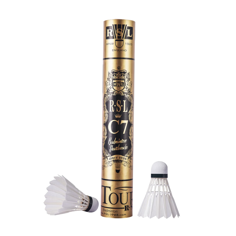 RSL Badminton Shuttlecocks, Training And Competition Grade, Durable Duck Feather, Jin Guan C7 Size, Speed 77, 12 Pieces Per Tube