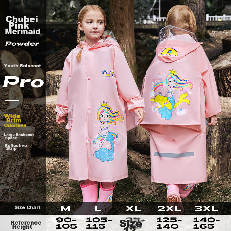Moremerry Children's Raincoat for Boys And Girls, Elementary School Students' Waterproof Full-Body Poncho for Older Kids, Pink Mermaid Design, Size L