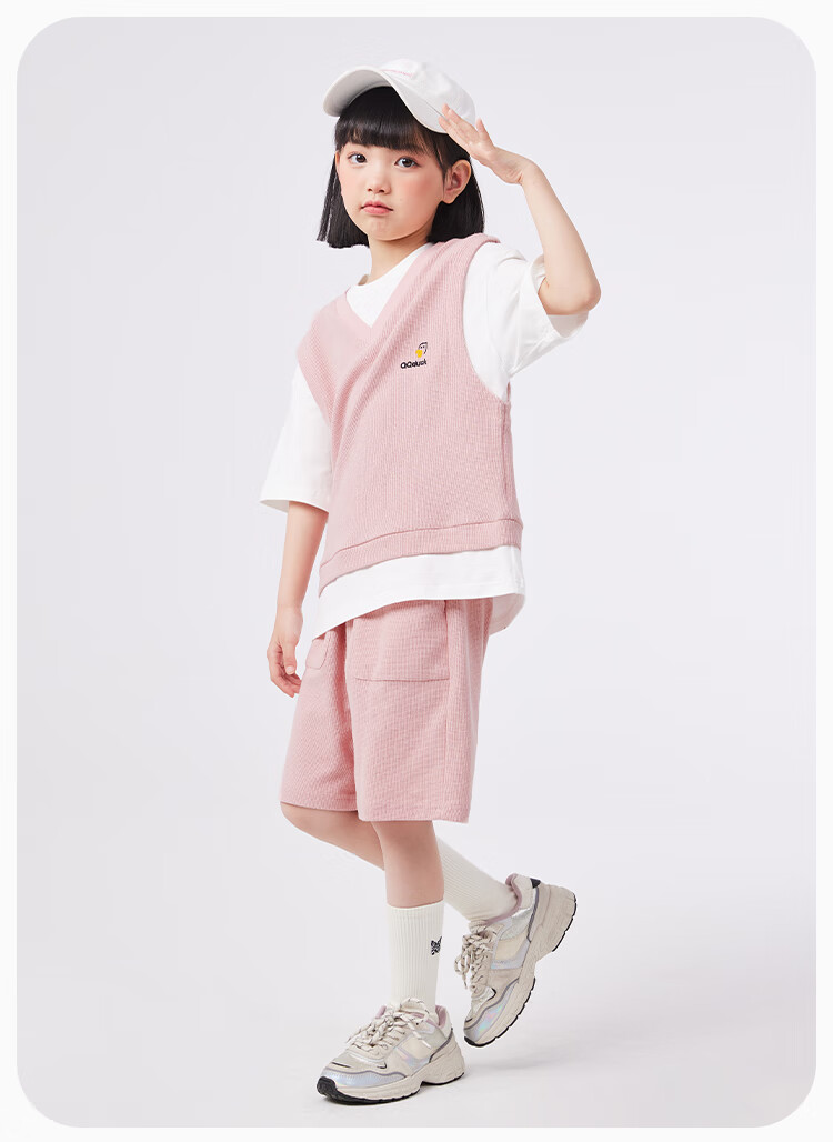QQ DUCK Girls' Summer Outfit Set, Children's Sports Short-Sleeve Shorts, Youth Clothing, Waffle Texture, Green; Size 120 18