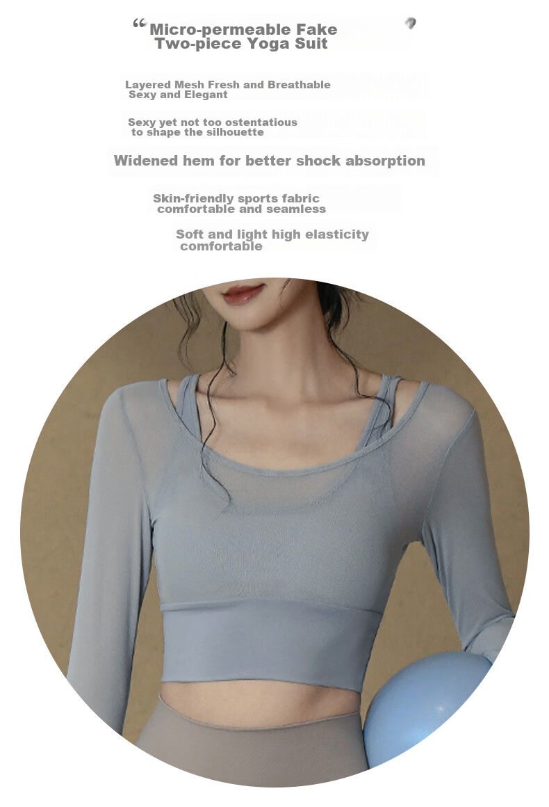 XUEXIMAN Faux Two-Piece Yoga Top for Women, Spring And Autumn Long-Sleeve with Chest Pads, Gym Workout Shirt, Pilates Training Wear 2