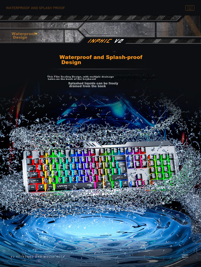 INPHIC K2 Gaming Keyboard Wired Office 104-Key Computer Desktop USB External Backlit Metal Panel 26-Key Anti-Ghosting Metal Gray 3