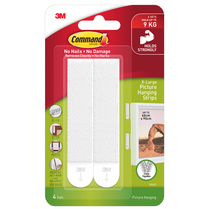 3M Command Adhesive Hooks, Large Frame Hangers, No Drilling Required, Magic Hooks with Velcro, 4 Sets