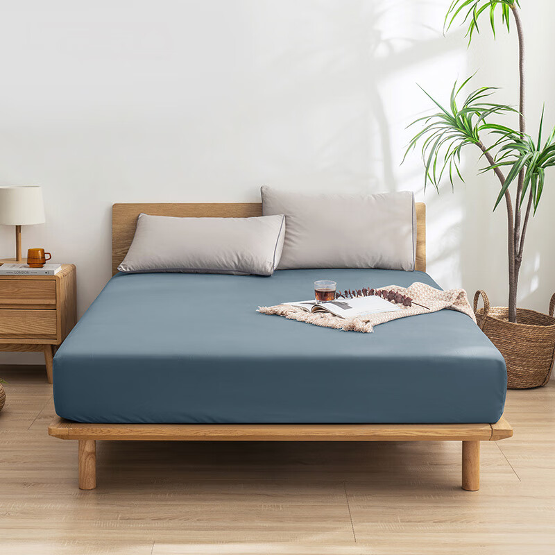JD Original 60-Count Long-Staple Cotton Brushed Fitted Sheet, Class A Thickened Pure Cotton Bed Cover Mattress Protector, for 1.2-Meter Bed, Gray-Blue