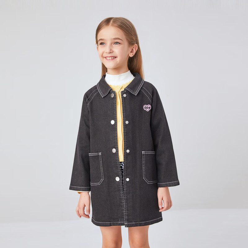 Annil Girls' Denim Jacket, New Autumn Style 2024, Black Denim, Size 160
