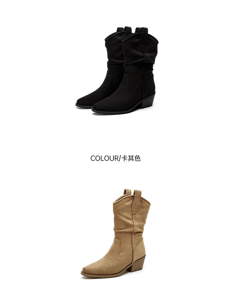 DAPHNE Pointed Toe Western Boots for Women with Fleece Lining, Chunky Heel, Versatile Retro Mid-Calf Boots, Khaki with Fleece Lining, Size 35 11
