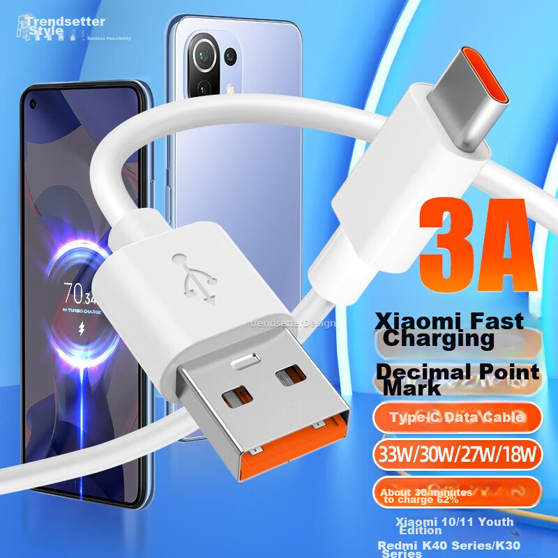 Chaofan Compatible with Xiaomi Data Cable, 33W Fast Charging Type-C Charging Cable, 3A Redmi K30, K30s, 10x, K40, Note9 Pro, Xiaomi 10s, 11 Youth Flash Charging Cable