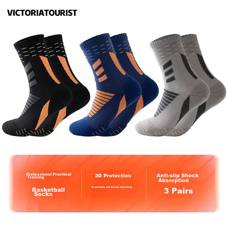 VICTORIATOURIST Men's Basketball Socks, Three-Pair Pack, Spring And Summer, Sweat-Absorbing, Breathable, Non-Slip Sports Socks, Running Wear-Resistant Elite Socks, Mid-Calf Training Socks