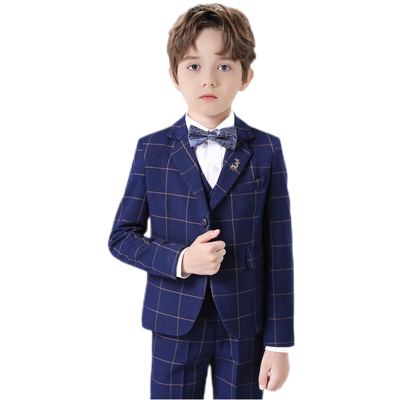 ROMON Children's Vest Set, Boys' Host Formal Wear, British Flower Girl Graduation Performance Outfit, Navy Blue Plaid, Size 170