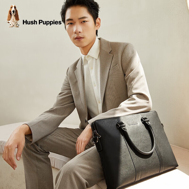 Hush Puppies Briefcase for Men, Top-Grain Leather, Shoulder Crossbody Handbag, Men's Business Laptop Bag, Father's Day Gift for Boyfriend, Black