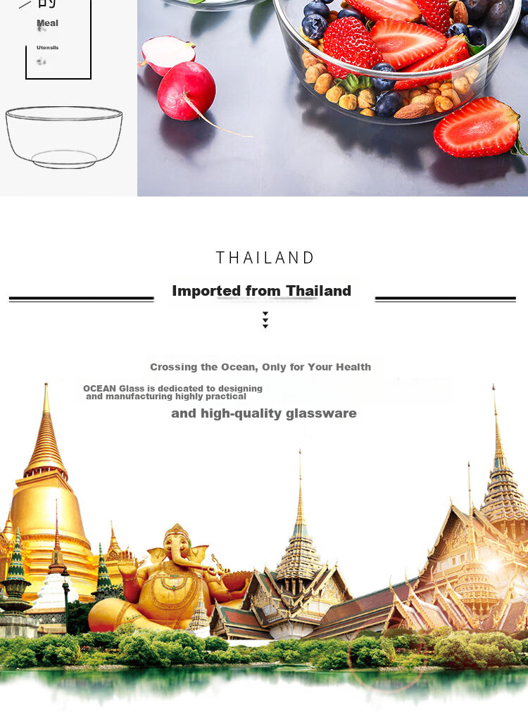 Ocean Thai Imported Glass Salad Bowl, Noodle Bowl, Soup Bowl, Fruit Dessert Bowl Set of Five Pieces 10