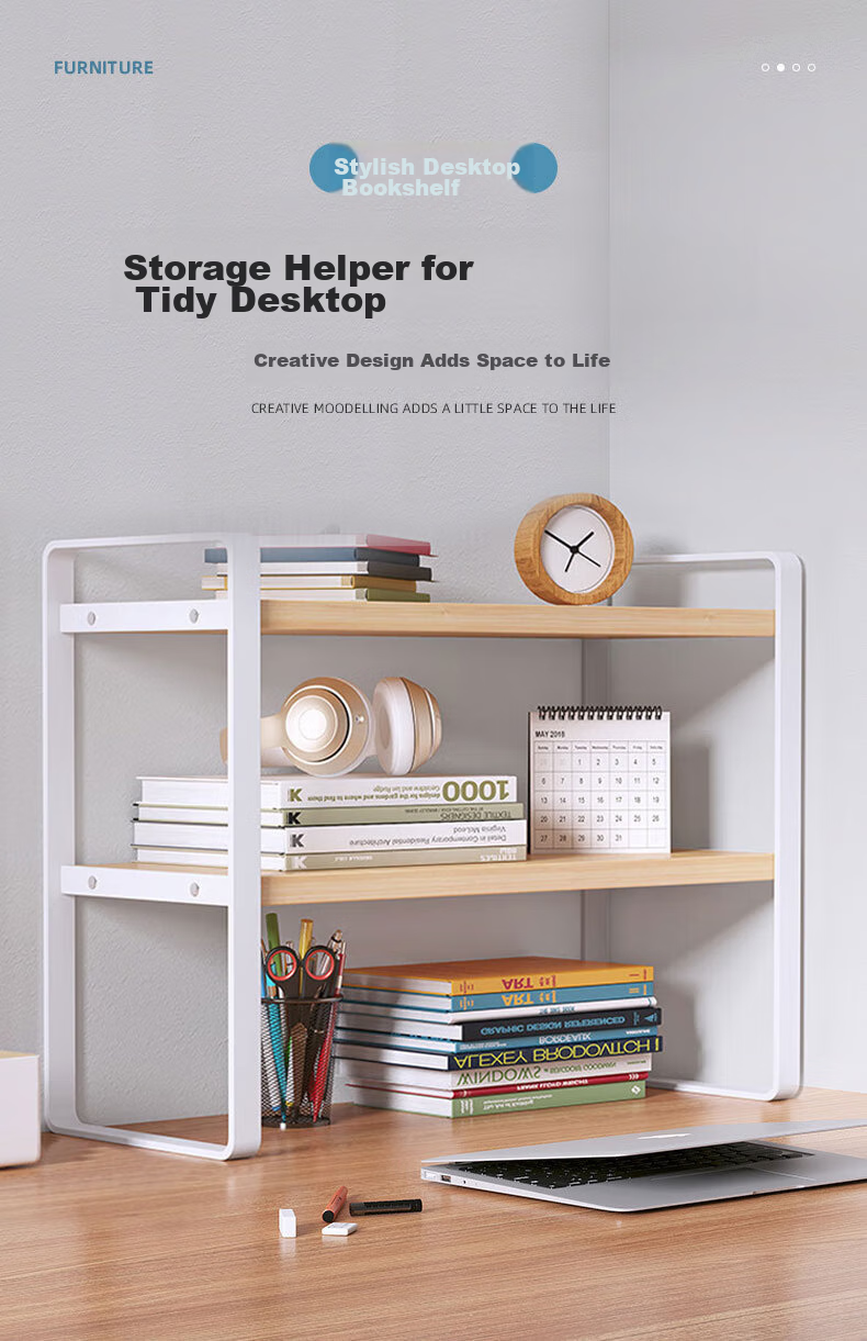 Anerya Desktop Bookshelf, Multi-Layer Iron Art Storage Rack for Books, Double-Layer Nordic Maple Wood - White Frame 40cm Long 5