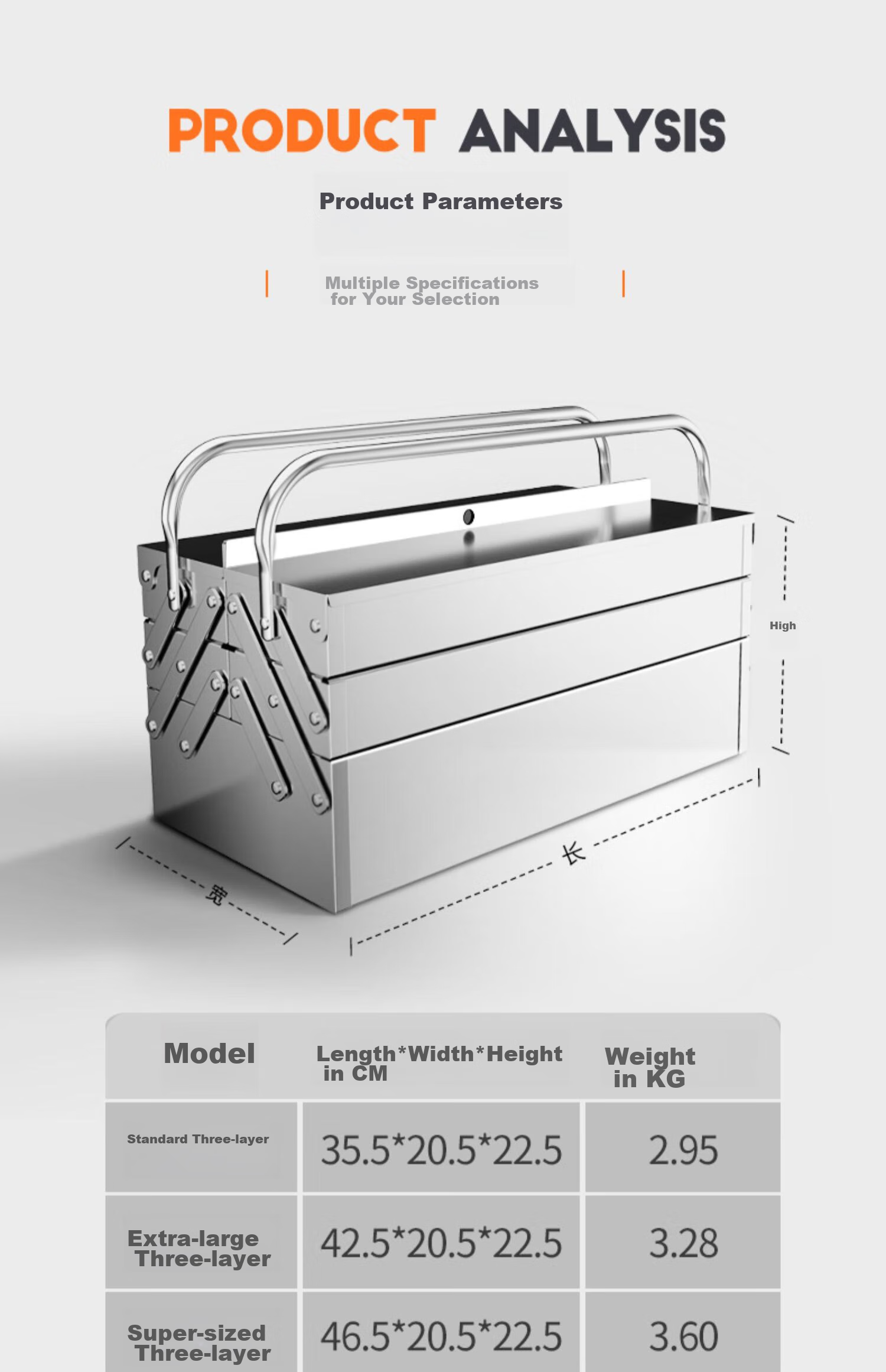 GREENER Stainless Steel Toolbox, Three-Layer Folding, Household Use, Thickened, Handheld, Metal Industrial-Grade Storage Box, Multifunctional 7