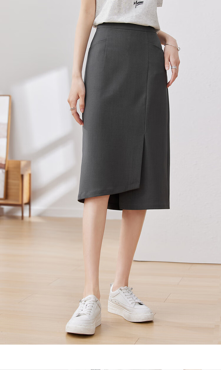 Sentubila Stylish Asymmetric Slit Midi Skirt, Urban Commuter Irregular High-Waisted Pencil Skirt, Gray, S 21