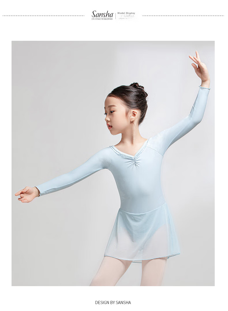 Sansha Ballet Practice Dress, Children's Dance Costume Long-Sleeve Dress Chiffon V-Neck Lace Bodysuit Dress, Light Blue, M 5