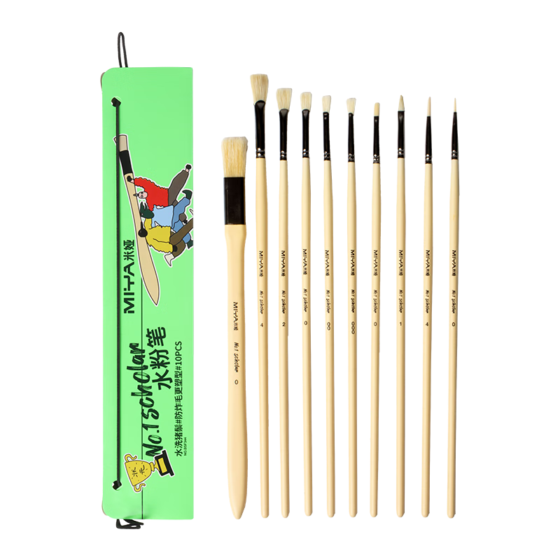 MIYA Drawing Brushes, Set of 10, Portable Triangular Gift Box, Matte Wood Handle, for Oil Painting And Acrylic Graffiti, Student-Specific Washable Pig Bristle Hard-Bristle Nylon Line Drawing Brush, Sketching, Marker Painting