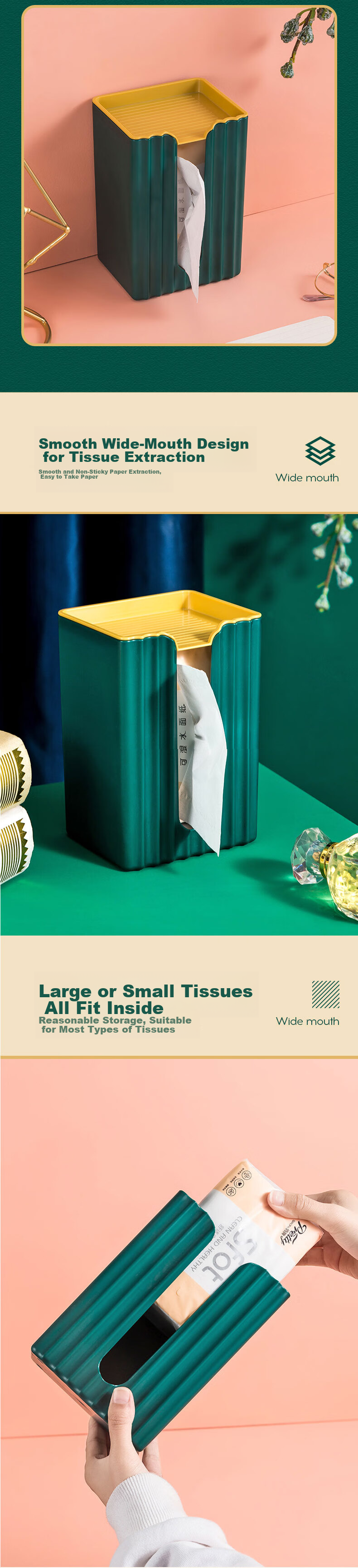 Youjialiangpin Tissue Box, Living Room Napkin Holder, Storage Box with Spring, Light Luxury Towel Box, Household Roll Paper Dispenser, Light Gree 2