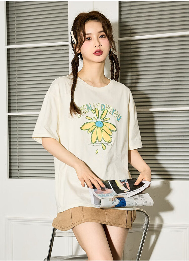 TonLion 2025 Women's Round Neck Short-Sleeve T-Shirt, Off-White, S 4