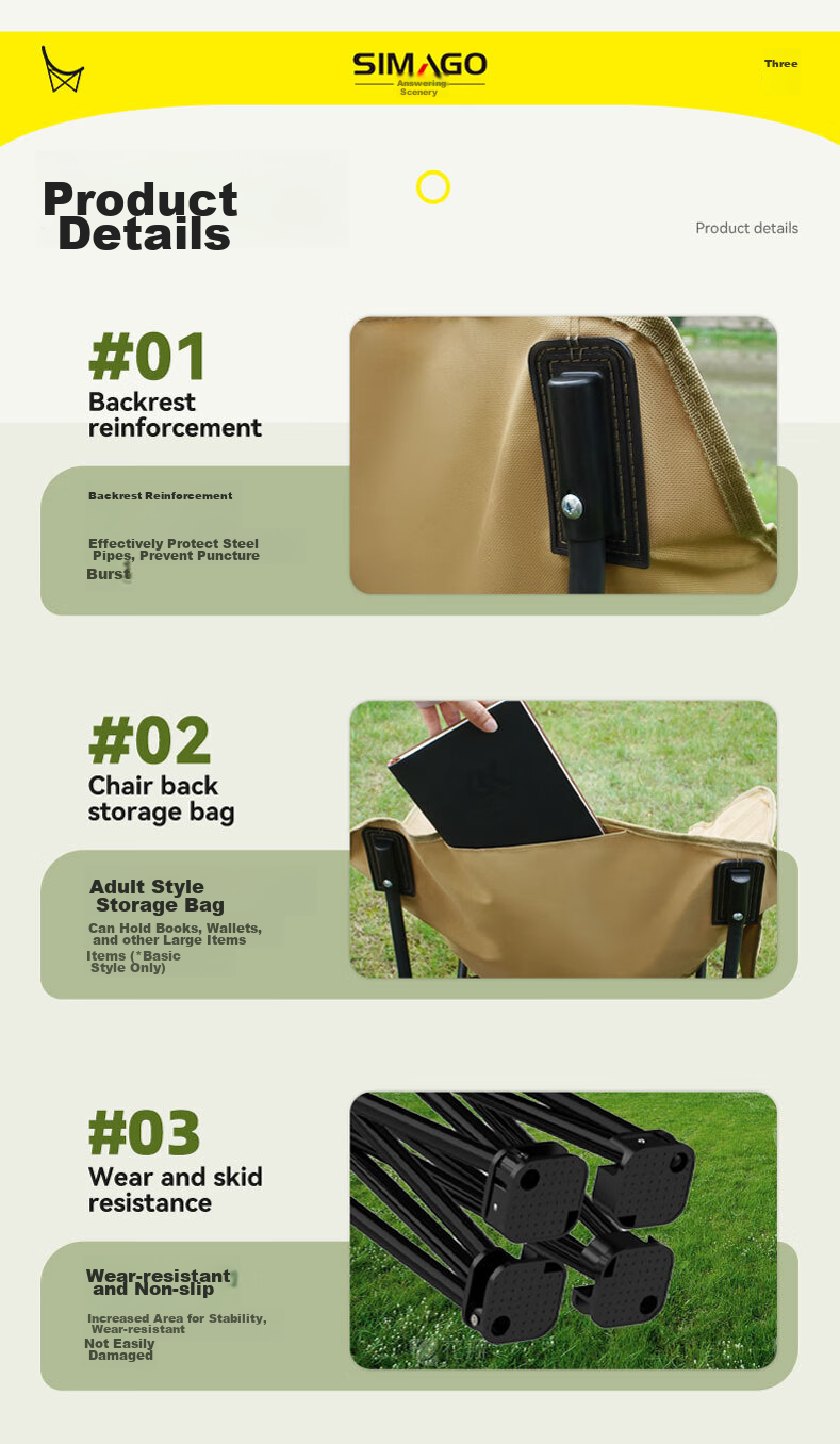 SIMAGO Outdoor Folding Chair Camping Chair Lounge Chair Portable Folding Moon Chair High Backrest Khaki XMDYLY 21