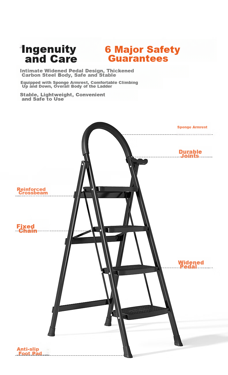 AOPENG Folding Ladder for Home Use, Four Steps Thickened Carbon Steel Wide Tread A-Frame Ladder Engineering Single-Sided Handrail Ladder 1264ST 3