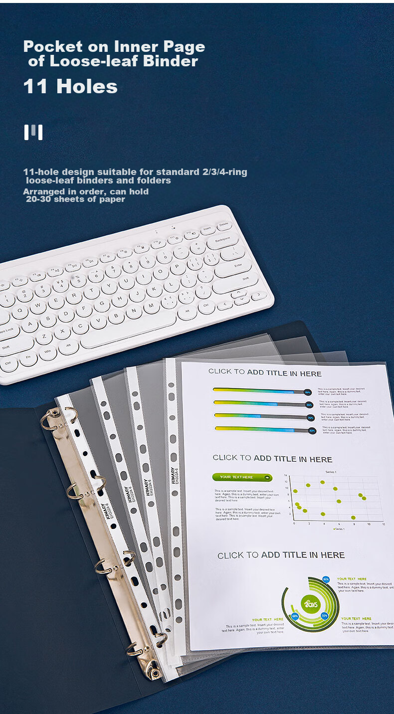 Jindeli 50-Pack Upgraded Thickened 11-Hole Loose-Leaf Pockets, A4 Universal Perforated File Folders, Transparent Document Refill Pages, Suitable for 2/3/4-Ring Binders EH303A-8 3