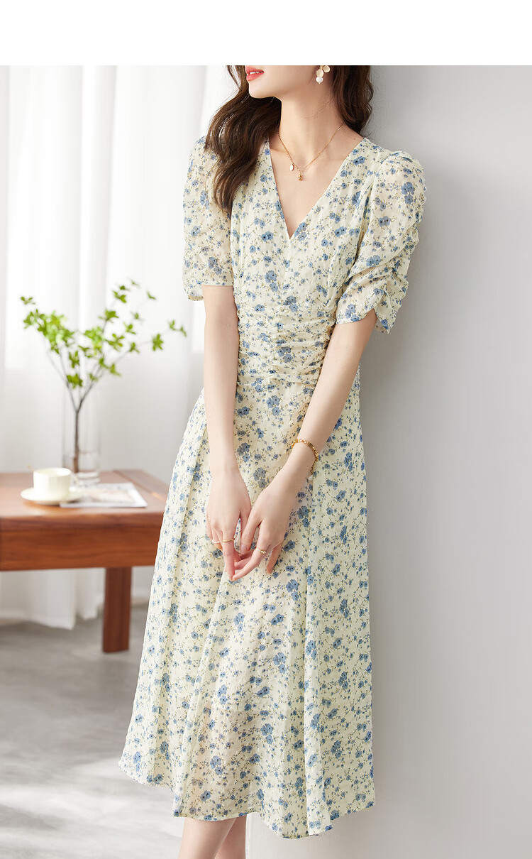 Sentubila Summer French Floral Print Dress, Puff Sleeve Tea Break Dress, Elegant Goddess Style Skirt, Apricot Base with Blue Flowers, M Size 14